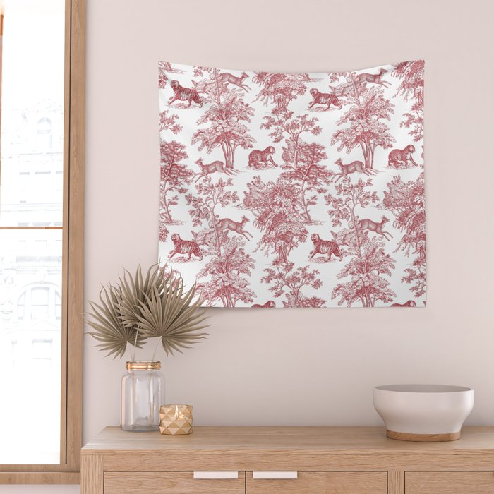 Toile de Jouy Vintage French Exotic Jungle Forest Red & White Wall Tapestry Gallery Image 2