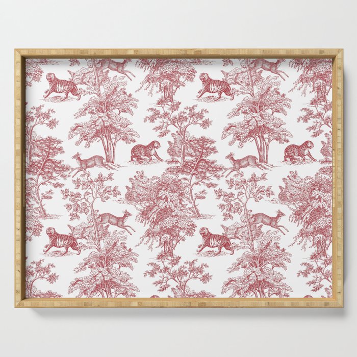 Toile de Jouy Vintage French Exotic Jungle Forest Red & White Serving Tray Gallery Image 1