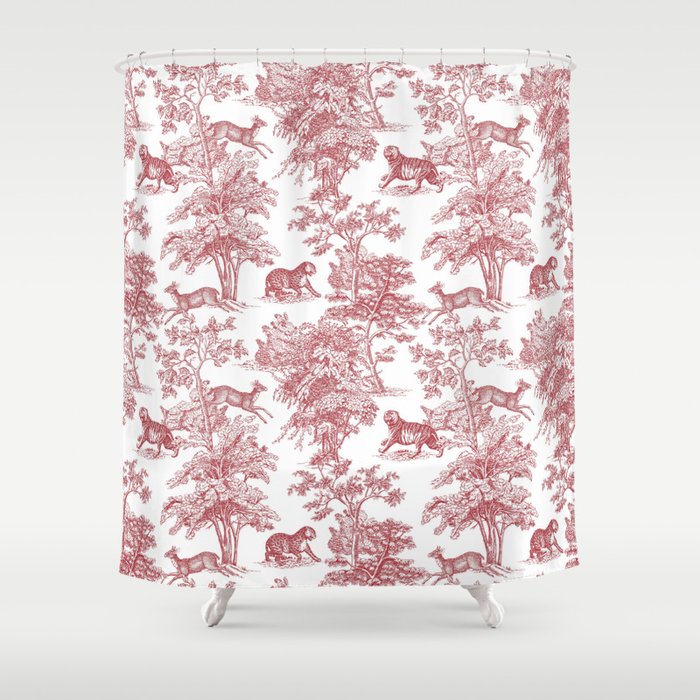 Toile de Jouy Vintage French Exotic Jungle Forest Red & White Shower Curtain Gallery Image 1