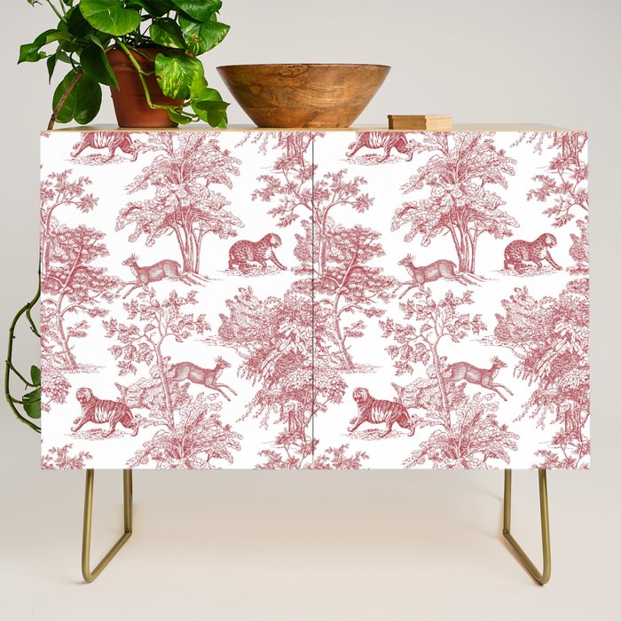 Toile de Jouy Vintage French Exotic Jungle Forest Red & White Credenza Gallery Image 1