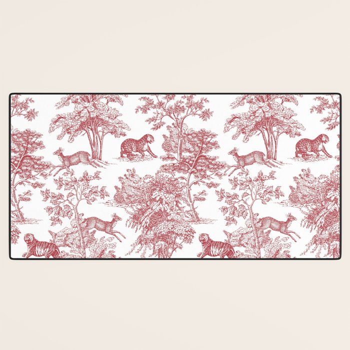 Toile de Jouy Vintage French Exotic Jungle Forest Red & White Desk Mat Gallery Image 3