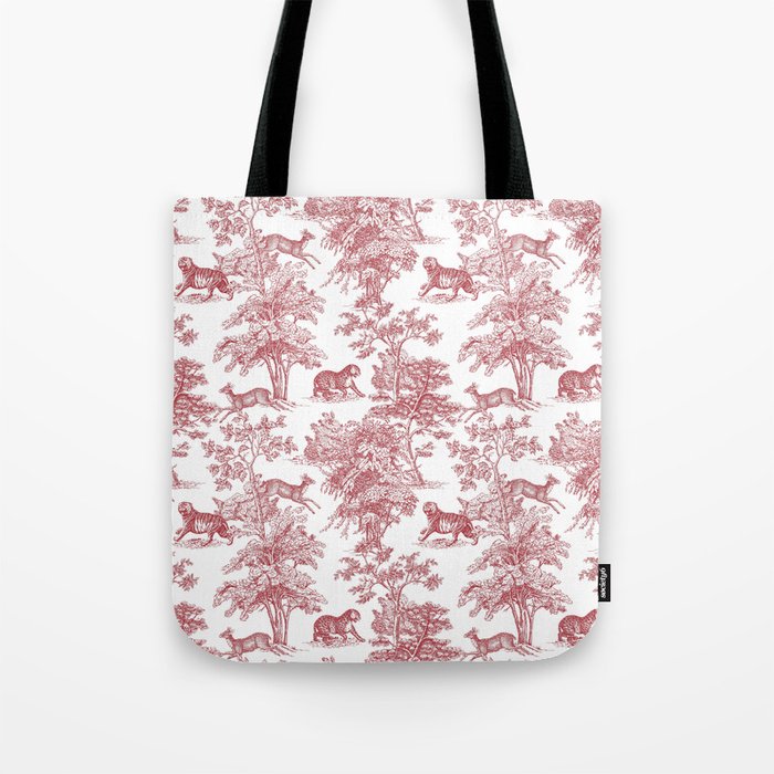 Toile de Jouy Vintage French Exotic Jungle Forest Red & White Tote Bag Gallery Image 1