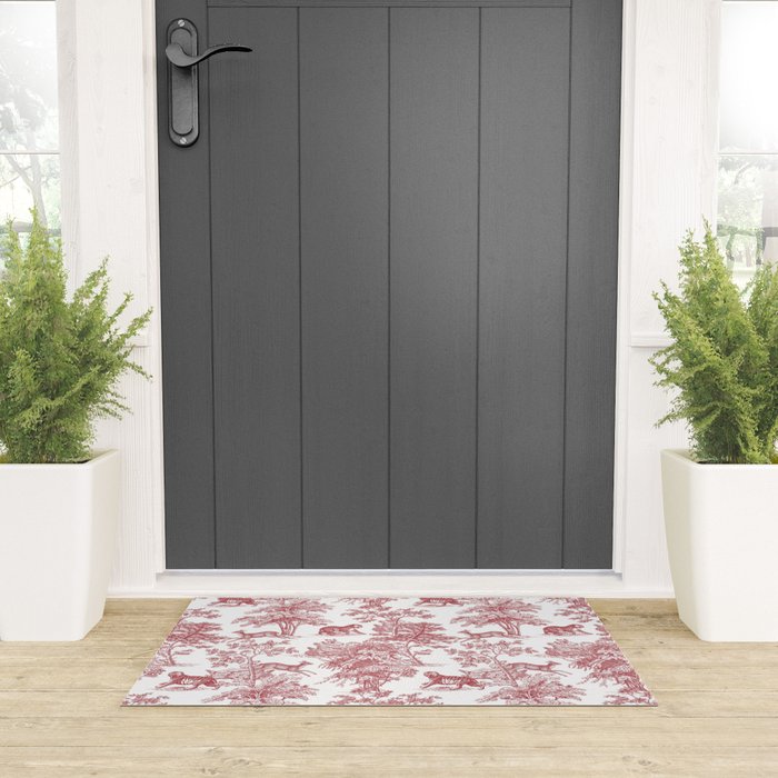 Toile de Jouy Vintage French Exotic Jungle Forest Red & White Welcome Mat Gallery Image 3