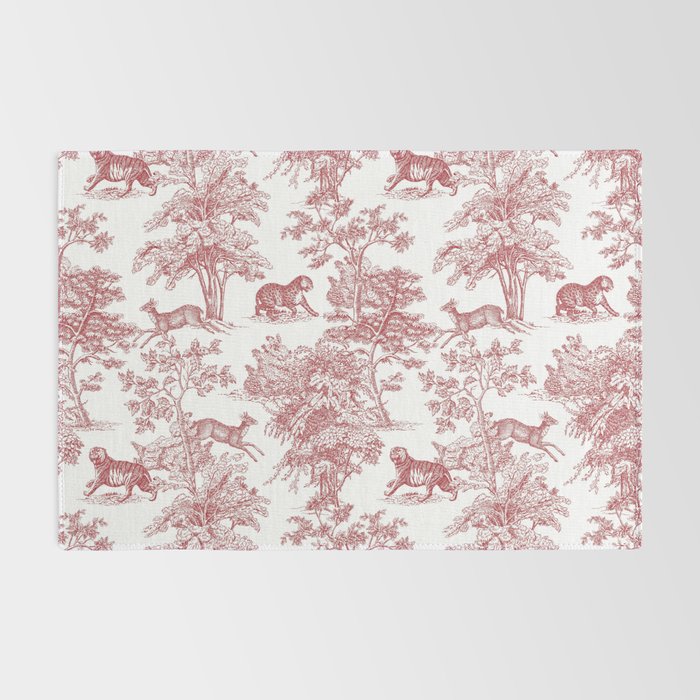 Toile de Jouy Vintage French Exotic Jungle Forest Red & White Rug Gallery Image 2