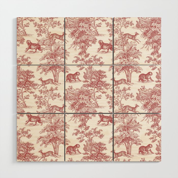 Toile de Jouy Vintage French Exotic Jungle Forest Red & White Wood Wall Art Gallery Image 1