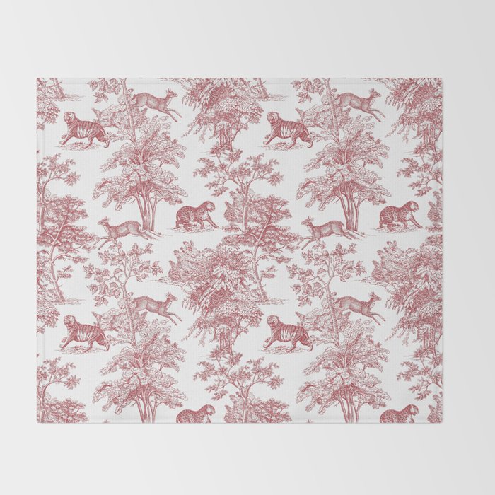 Toile de Jouy Vintage French Exotic Jungle Forest Red & White Throw Blanket Gallery Image 2