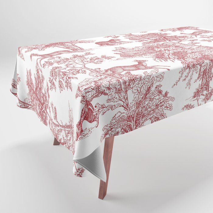 Toile de Jouy Vintage French Exotic Jungle Forest Red & White Tablecloth Gallery Image 1