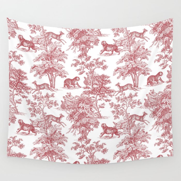Toile de Jouy Vintage French Exotic Jungle Forest Red & White Wall Tapestry Gallery Image 1