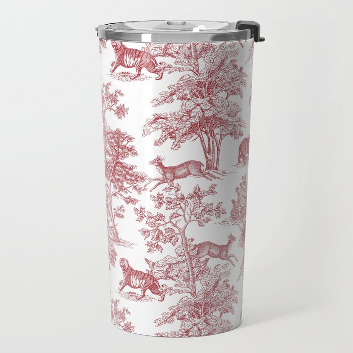 Toile de Jouy Vintage French Exotic Jungle Forest Red & White Travel Mug Gallery Image 2