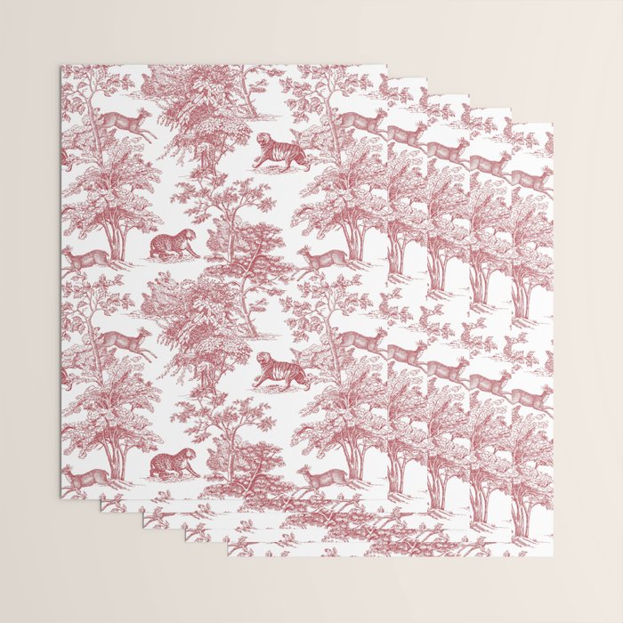Toile de Jouy Vintage French Exotic Jungle Forest Red & White Wrapping Paper Gallery Image 3