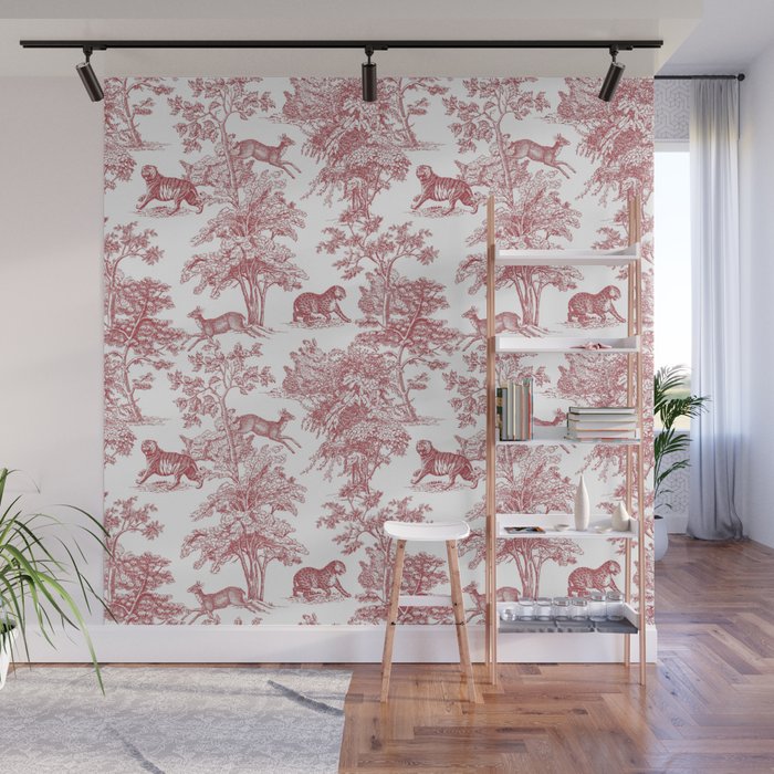 Toile de Jouy Vintage French Exotic Jungle Forest Red & White Wall Mural Gallery Image 1