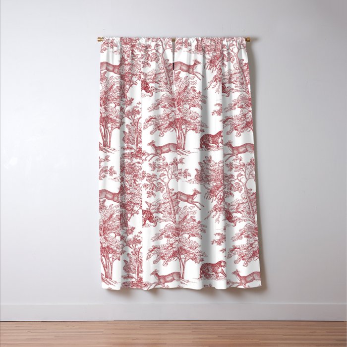 Toile de Jouy Vintage French Exotic Jungle Forest Red & White Window Curtain Gallery Image 3