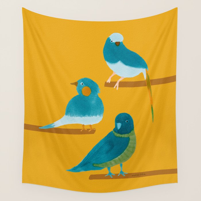 Three Friendly Birds - Turquoise and Yellow Wall Tapestry Gallery Image 1