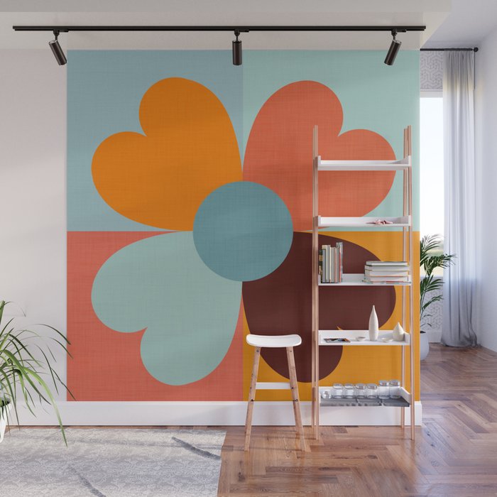 Color Block Floral Hearts - retro Wall Mural Gallery Image 1