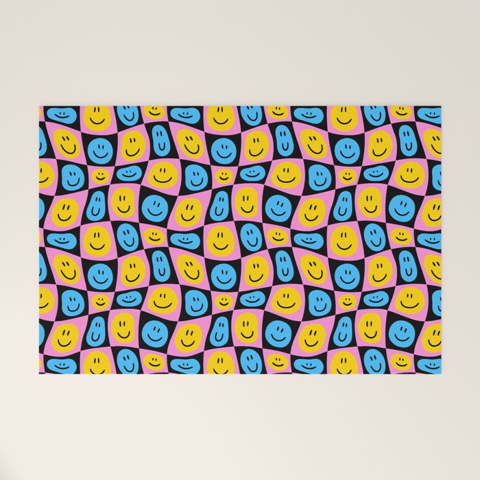 Retro happy smiling face checkered pattern Welcome Mat Gallery Image 1