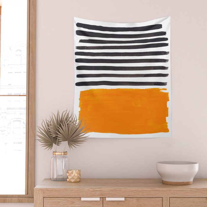 Minimalist Mid Century Mango Shade Black Lines Sunset Landscape Fun Wall Tapestry Gallery Image 2