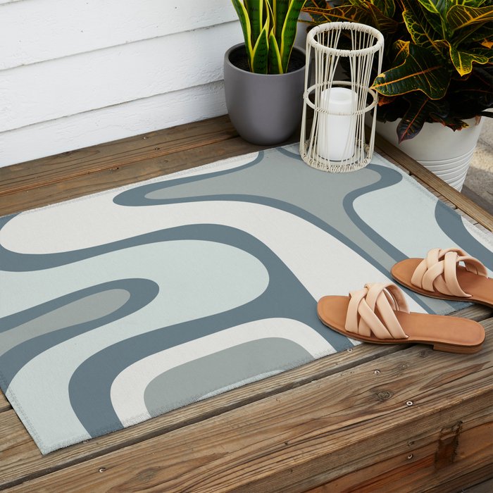 Mid Century Modern Copacetic Abstract in Neutral Blue Gray Ice Blue Tones Outdoor Rug Gallery Image 2