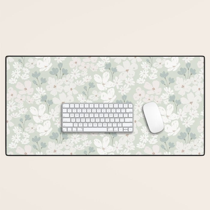 Soft meadow blooms - muted mint, dusty green and beige floral pattern Desk Mat Gallery Image 1