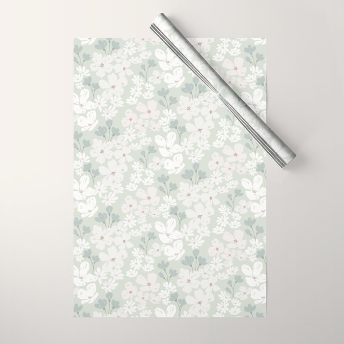 Soft meadow blooms - muted mint, dusty green and beige floral pattern Wrapping Paper Gallery Image 1