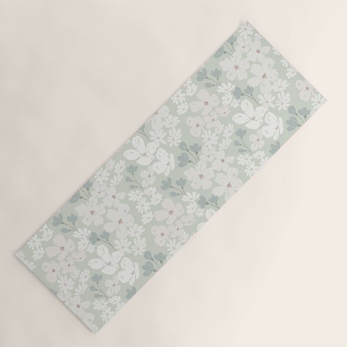 Soft meadow blooms - muted mint, dusty green and beige floral pattern Yoga Mat Gallery Image 1