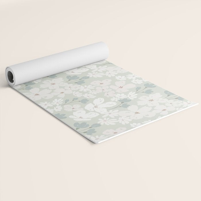 Soft meadow blooms - muted mint, dusty green and beige floral pattern Yoga Mat Gallery Image 2