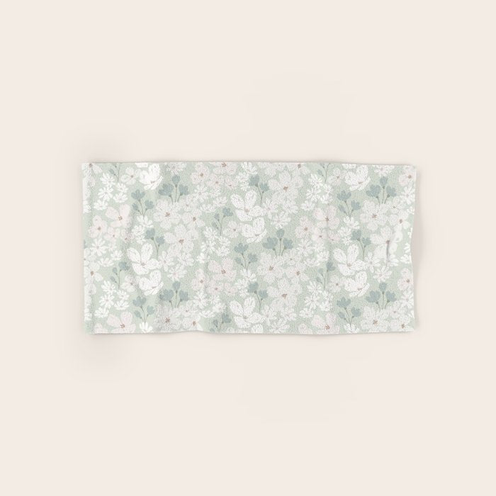 Soft meadow blooms - muted mint, dusty green and beige floral pattern Bath Towel Gallery Image 1