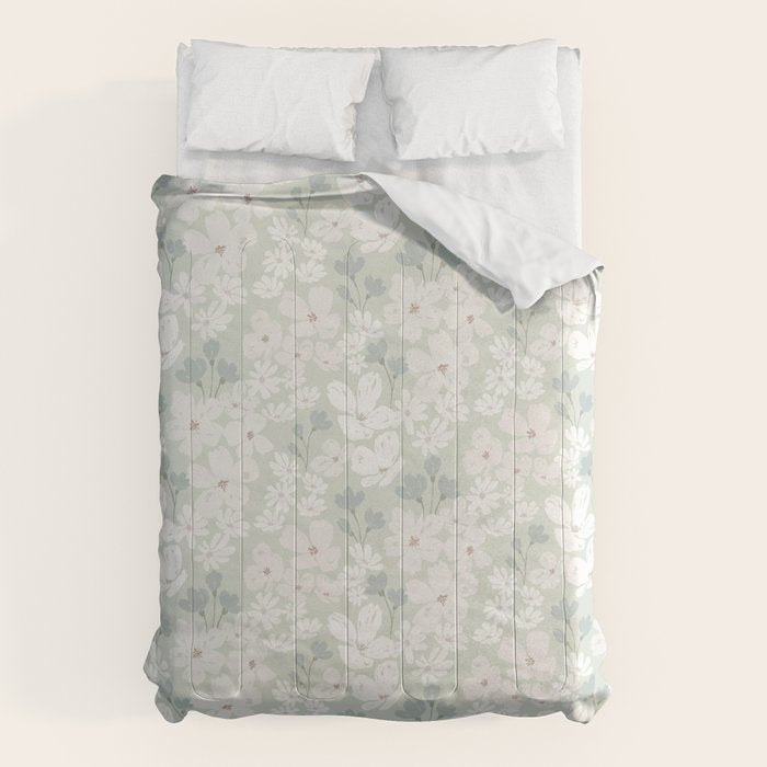 Soft meadow blooms - muted mint, dusty green and beige floral pattern Comforter Gallery Image 6