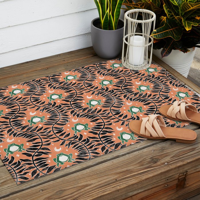 Froggie Ogee - papaya, green, and black Outdoor Rug Gallery Image 2