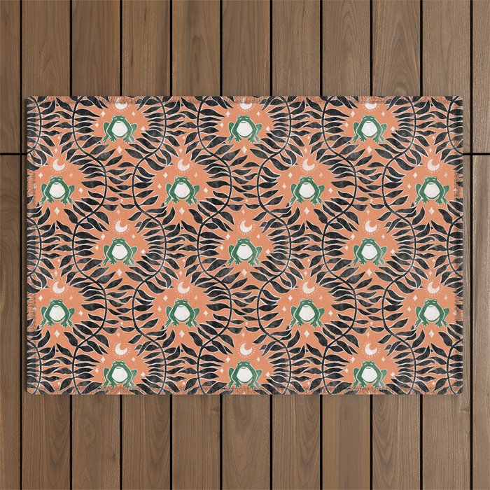 Froggie Ogee - papaya, green, and black Outdoor Rug Gallery Image 1