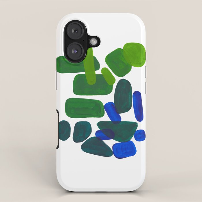 Mid Century Vintage Abstract Minimalist Colorful Pop Art Phthalo Blue Lime Green Pebble Shapes iPhone Case Gallery Image 1