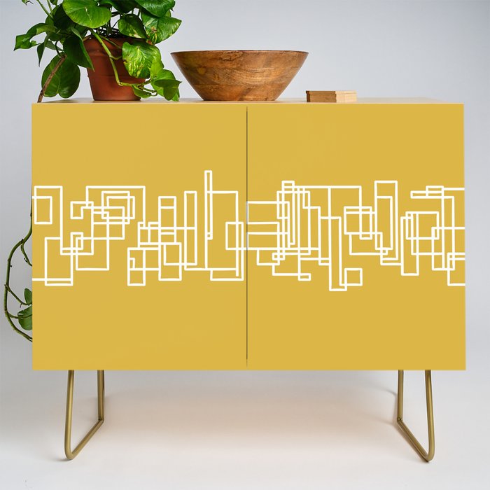 Mid-Century Modern Minimalist Architecture Stripe Pattern Mustard and White Credenza Gallery Image 1