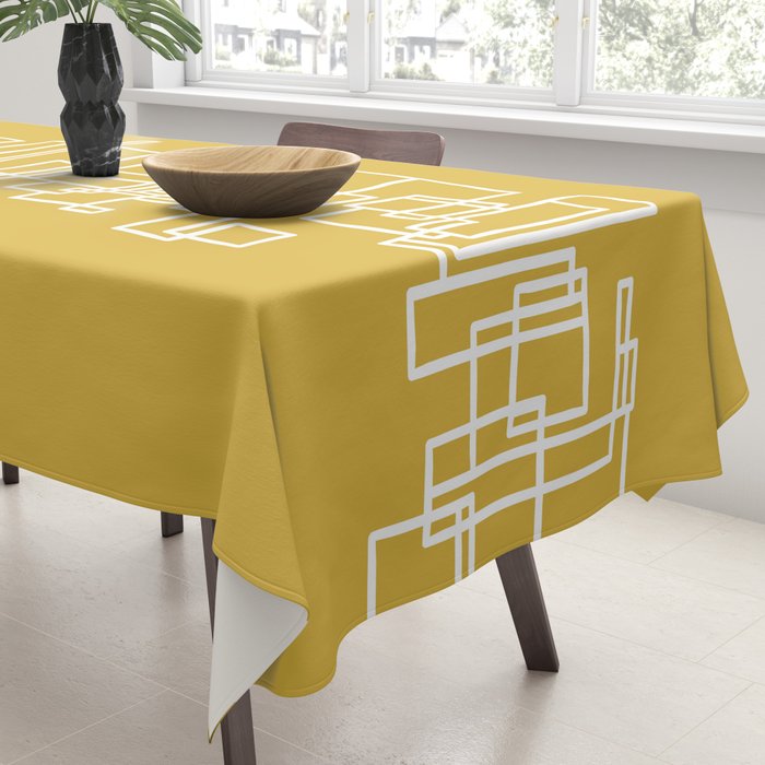 Mid-Century Modern Minimalist Architecture Stripe Pattern Mustard and White Tablecloth Gallery Image 3