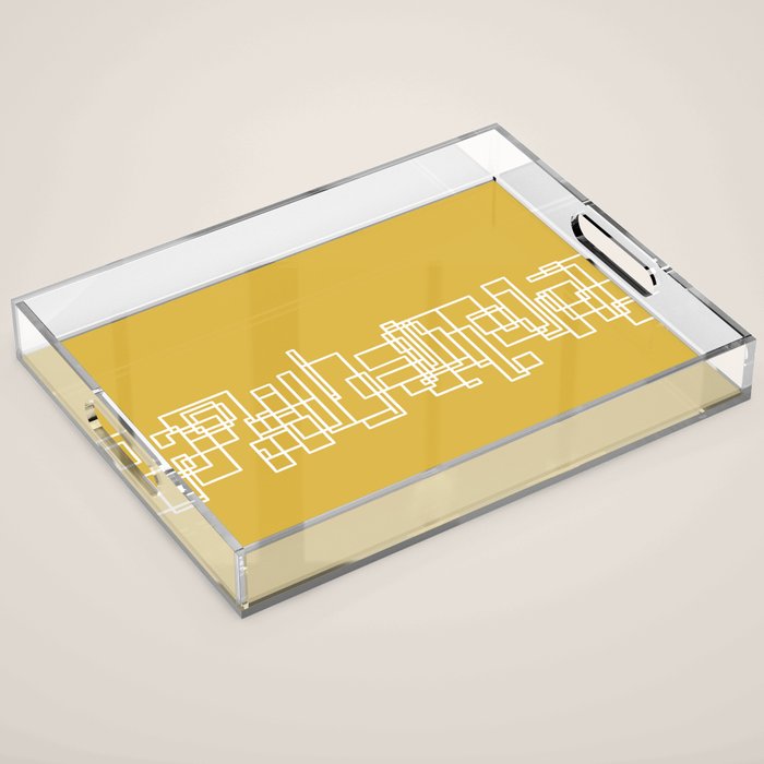 Mid-Century Modern Minimalist Architecture Stripe Pattern Mustard and White Acrylic Tray Gallery Image 1
