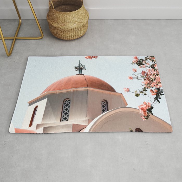 Summer In Greece Art Print | Pink Flowers Photo | Crete Island Holiday | Europe Travel Photography Rug Gallery Image 1