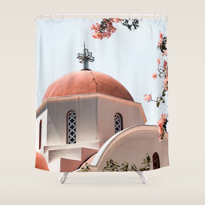Summer In Greece Art Print | Pink Flowers Photo | Crete Island Holiday | Europe Travel Photography Shower Curtain Gallery Image 1