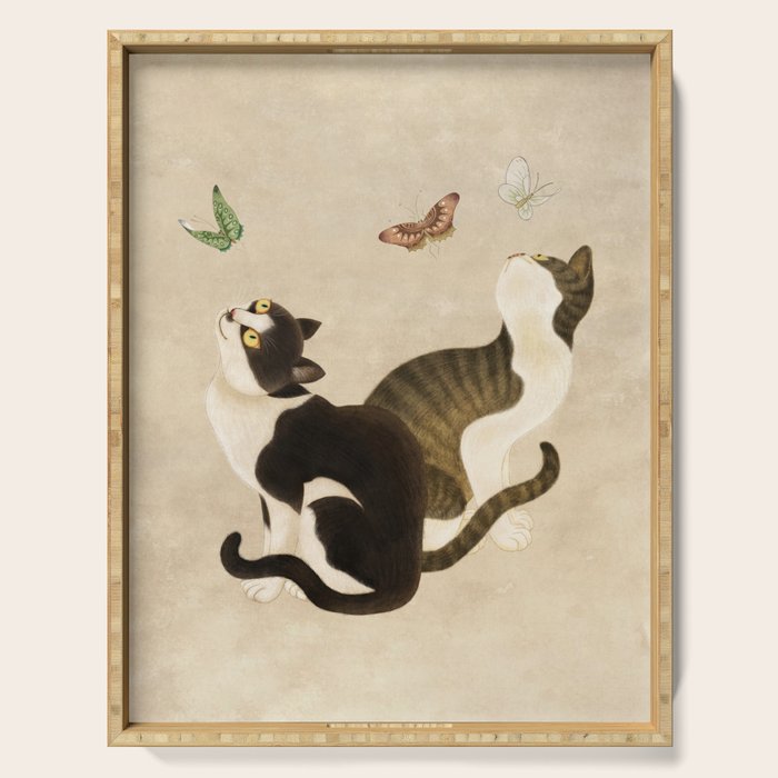 Minhwa: cats & butterflies (Korean traditional/folk art) Serving Tray Gallery Image 1
