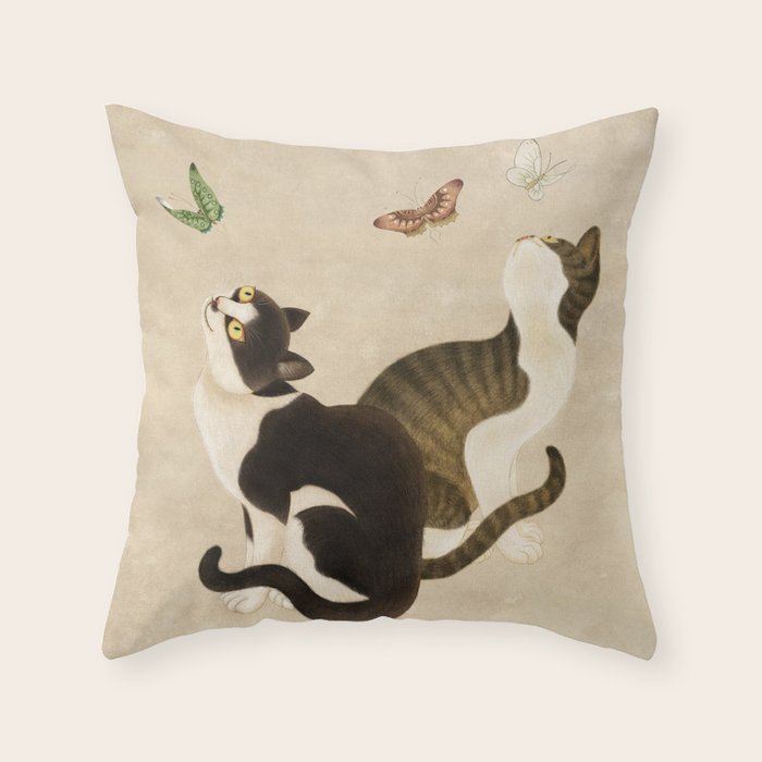 Minhwa: cats & butterflies (Korean traditional/folk art) Throw Pillow Gallery Image 1