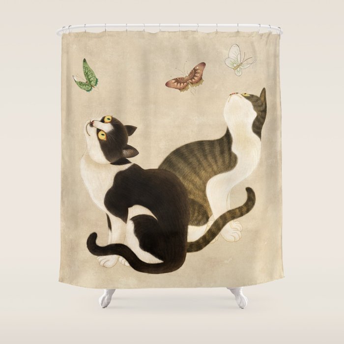 Minhwa: cats & butterflies (Korean traditional/folk art) Shower Curtain Gallery Image 1