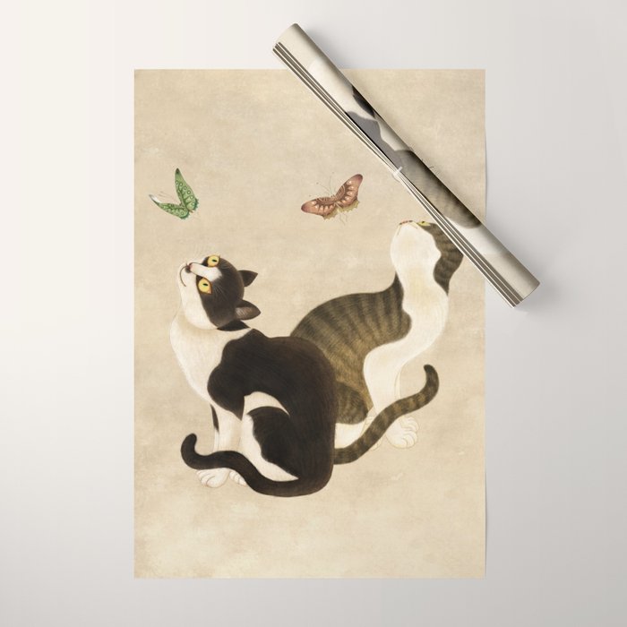 Minhwa: cats & butterflies (Korean traditional/folk art) Wrapping Paper Gallery Image 1
