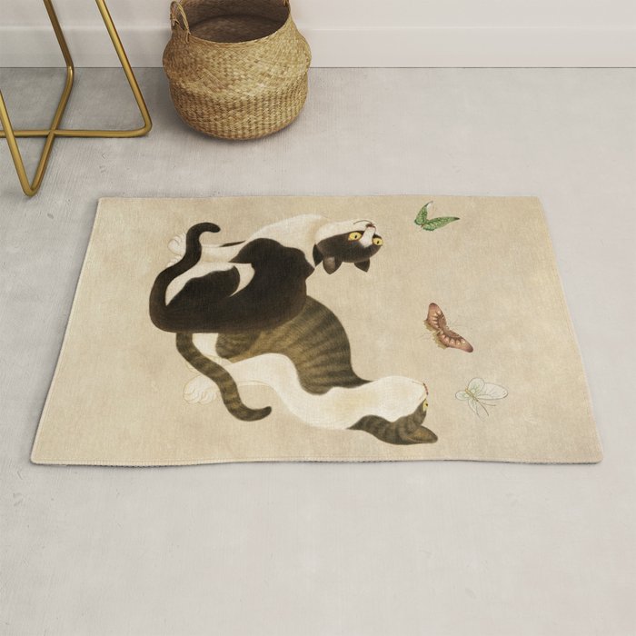 Minhwa: cats & butterflies (Korean traditional/folk art) Rug Gallery Image 1