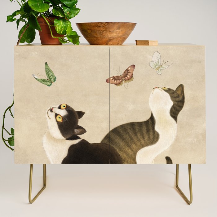 Minhwa: cats & butterflies (Korean traditional/folk art) Credenza Gallery Image 1