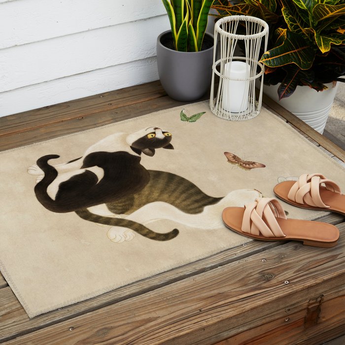Minhwa: cats & butterflies (Korean traditional/folk art) Outdoor Rug Gallery Image 2