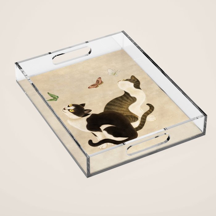 Minhwa: cats & butterflies (Korean traditional/folk art) Acrylic Tray Gallery Image 1