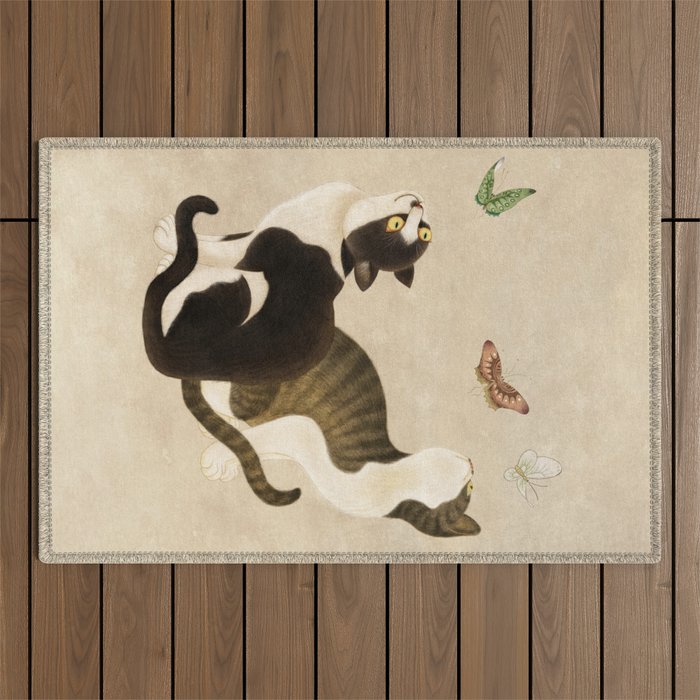 Minhwa: cats & butterflies (Korean traditional/folk art) Outdoor Rug Gallery Image 1