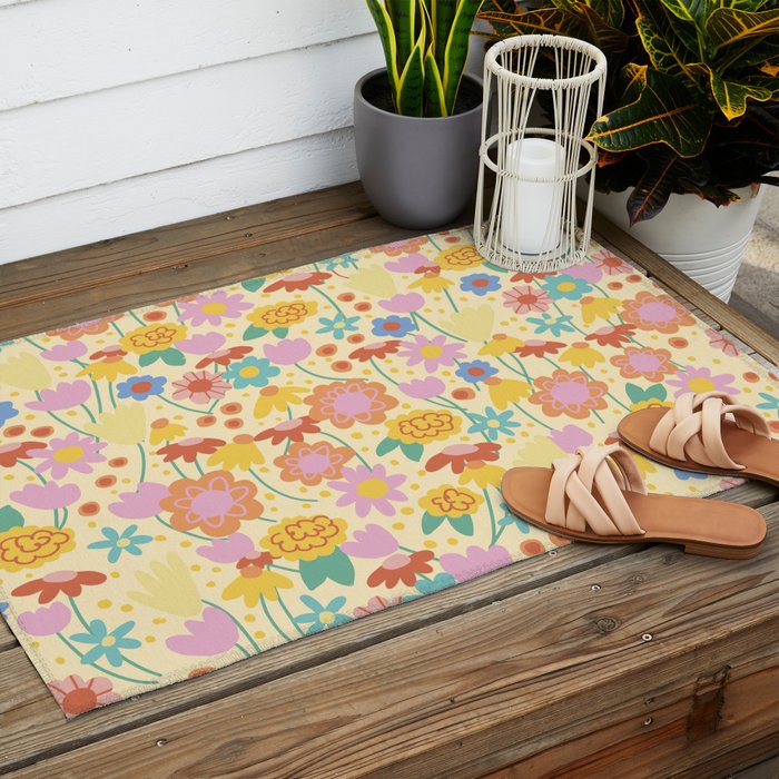Floral pattern cream Outdoor Rug Gallery Image 2