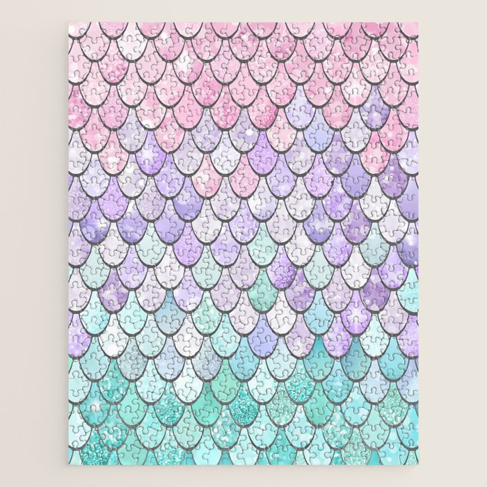 Cute Mermaid Pattern, Pink, Purple, Teal, Pastel Aesthetics Jigsaw Puzzle Gallery Image 1