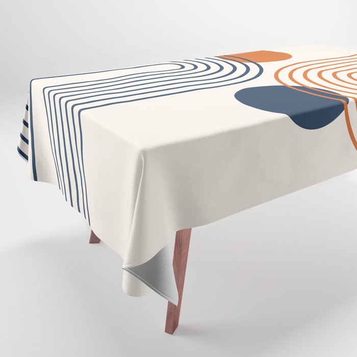 Mid Century Modern Geometric 199.2 in Navy Blue Orange Tablecloth Gallery Image 1