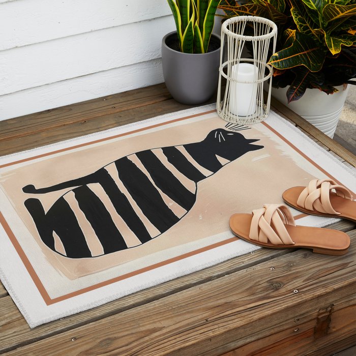 Black Cat with Bold Stripes Outdoor Rug Gallery Image 2