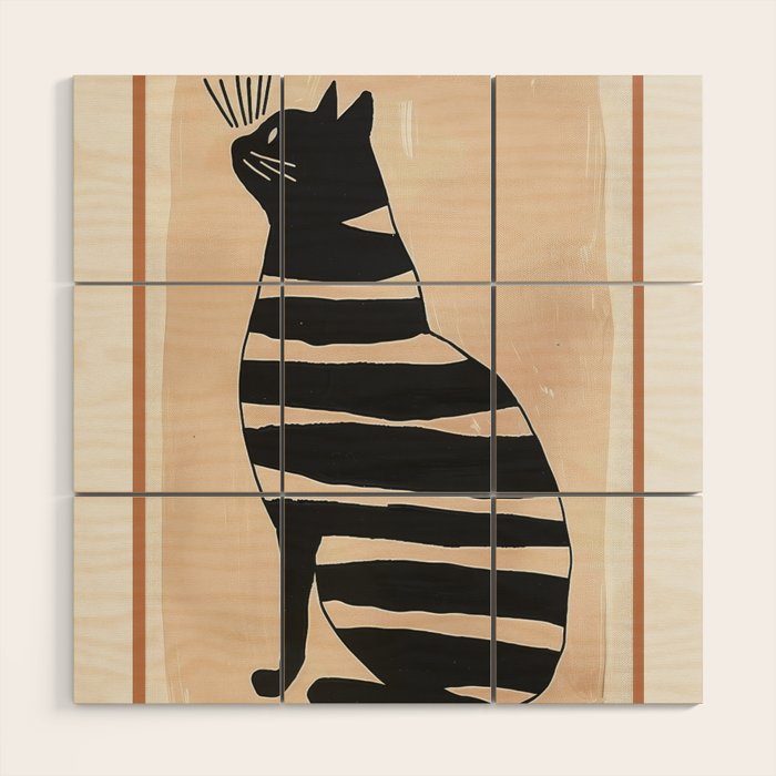 Black Cat with Bold Stripes Wood Wall Art Gallery Image 1