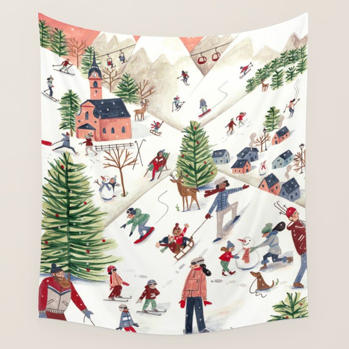 Skiing in snow mountains Wall Tapestry Gallery Image 4